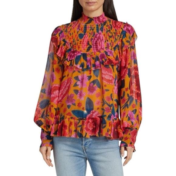 Farm Rio Floral Dream Smocked Blouse Size M Multicolored Floral Puff Sleeve